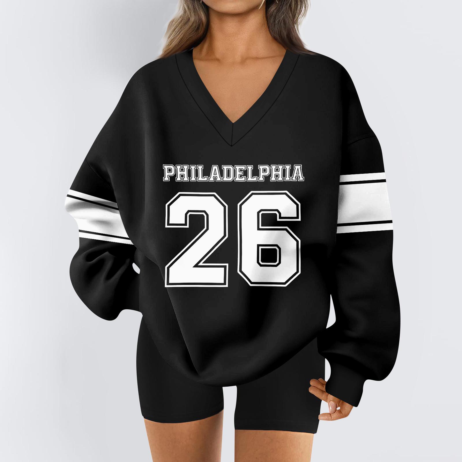 

Женская свободная и удобная спортивная одежда с V-образным вырезом и надписью, толстовка с длинным рукавом, повседневная одежда для сочетания XXL чёрный