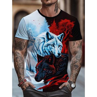 Camiseta de verano de moda para hombre con estampado dominante de lobo, transpirable, cuello redondo, top casual de alta calle para exteriores