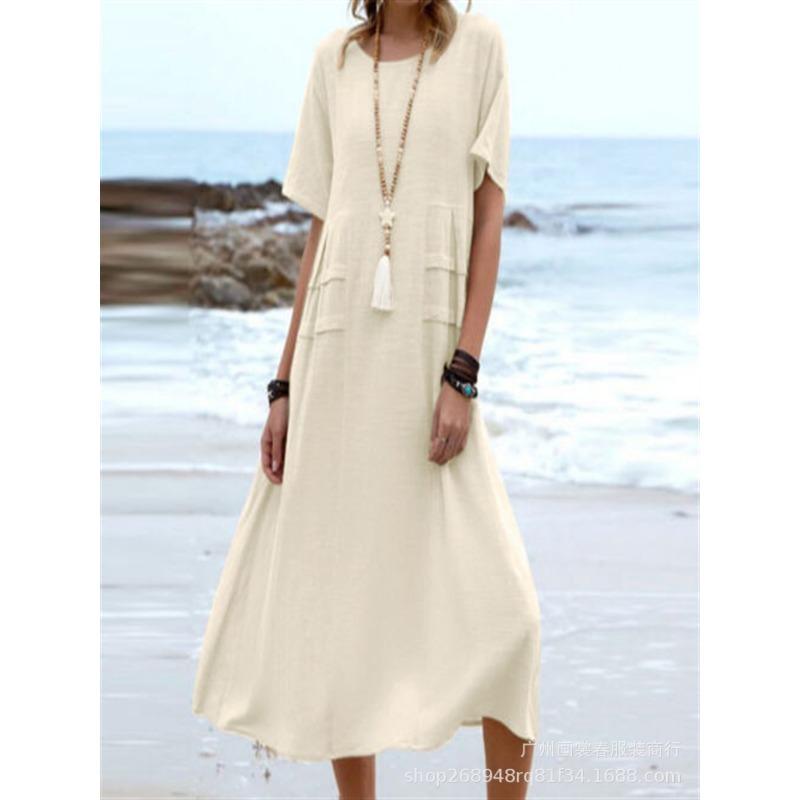 New Women's Cotton Pocket Casual Solid Color Short Sleeved Dress