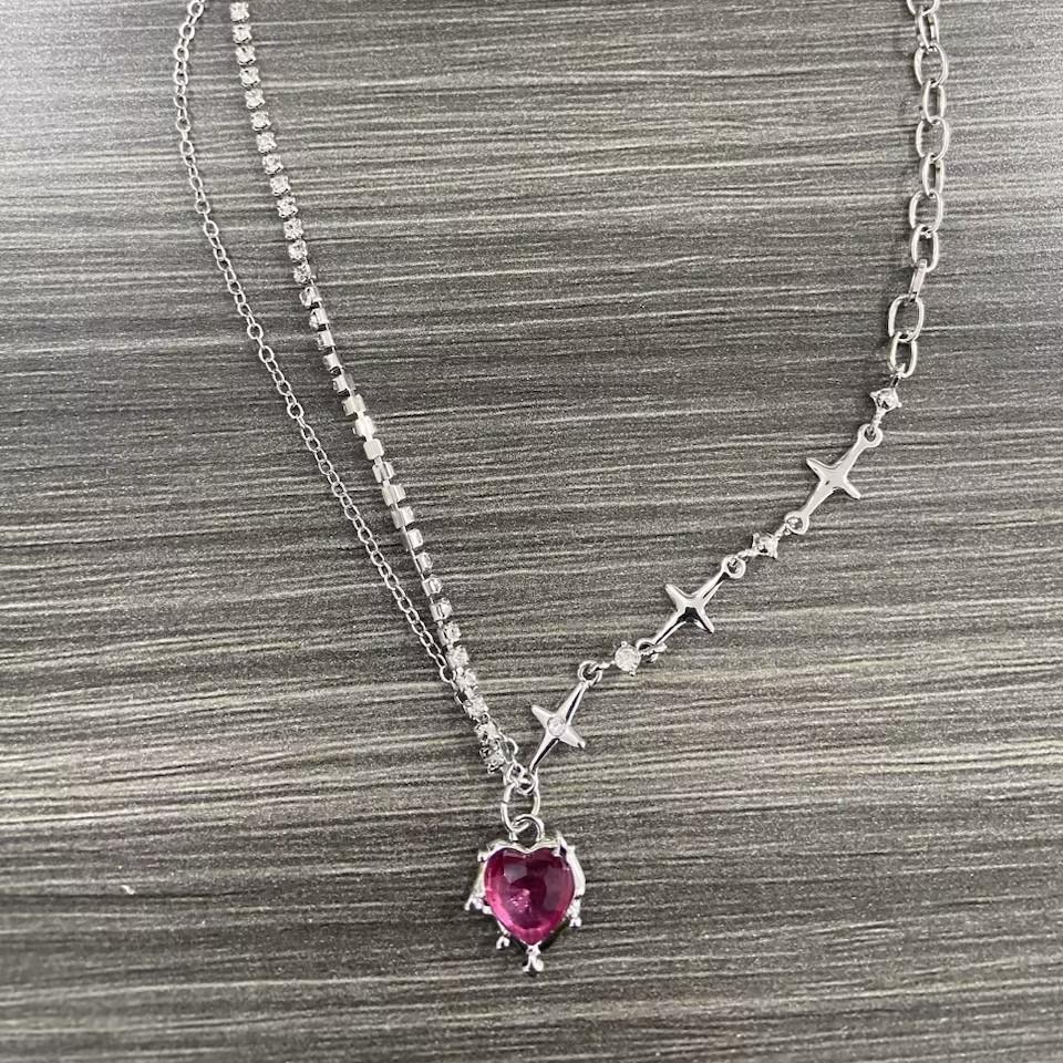 Y2K Fashion Peach Heart Water Drop Pendant Necklace Women Black Crystal Egirl Sweet Cool Punk Clavicle Chain Aesthetic Zircon