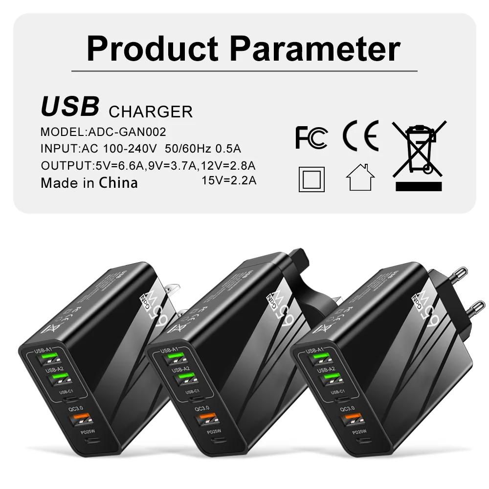 65W Rychlá Nabíječka Mobilní PD Nabíjení 3 USB Type-c Cestovní Nabíječka s Více Rozhraními 3.1A Pro Samsung Xiaomi iphone EU US UK Adaptér