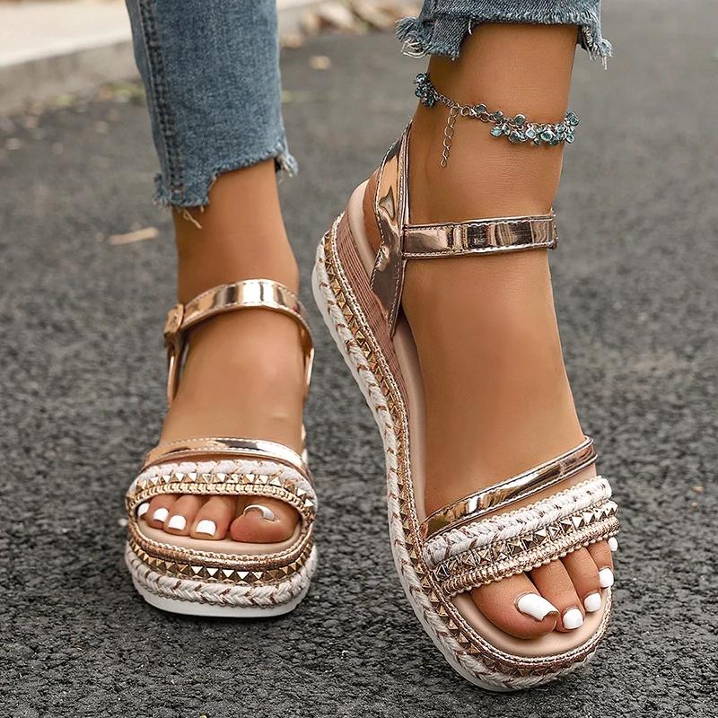 Plus Size Fashion Rivet Decor Wedge Sandals Women Gold Ankle Strap Platform Sandals for Woman Summer Thick Sole Roman Sandalias