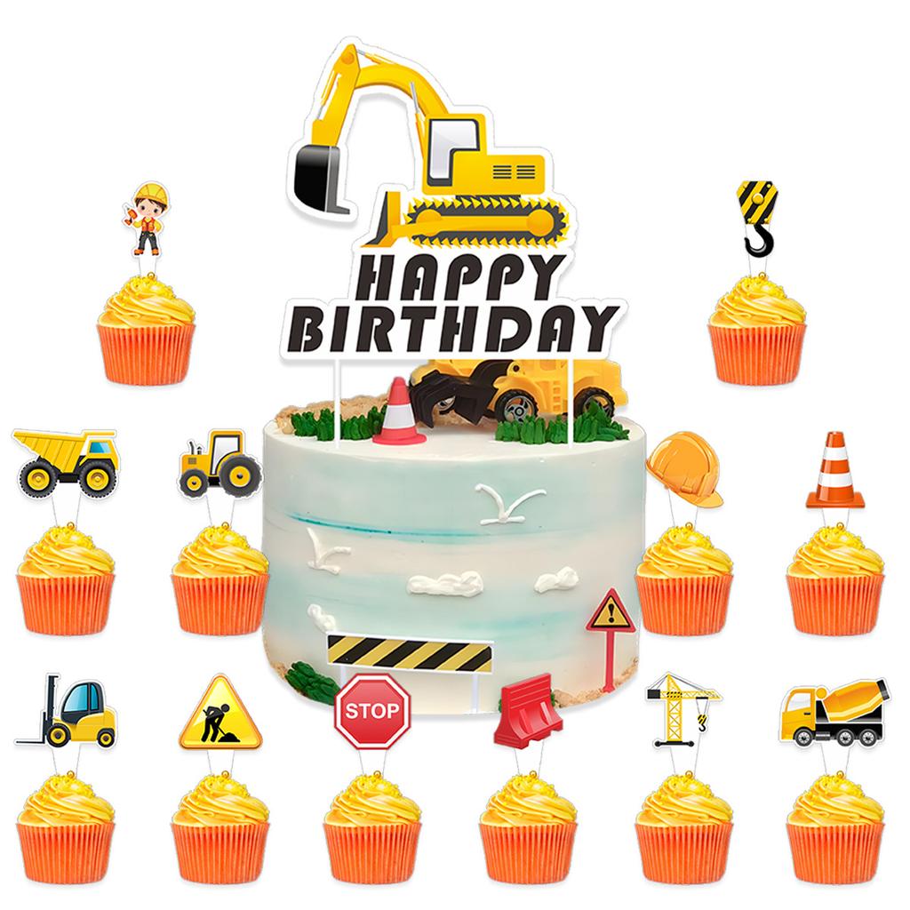 Children'S Birthday Party Decoration Excavator Pulling Flag Vortex Construction Truck Forklift Cake Sticker