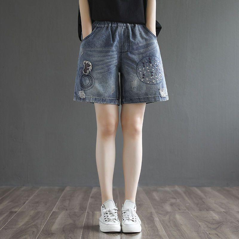 Summer Jeans Elastic Shorts Waistband Loose Casual Straight Leg Short Pants Embroidered Jeans for Women