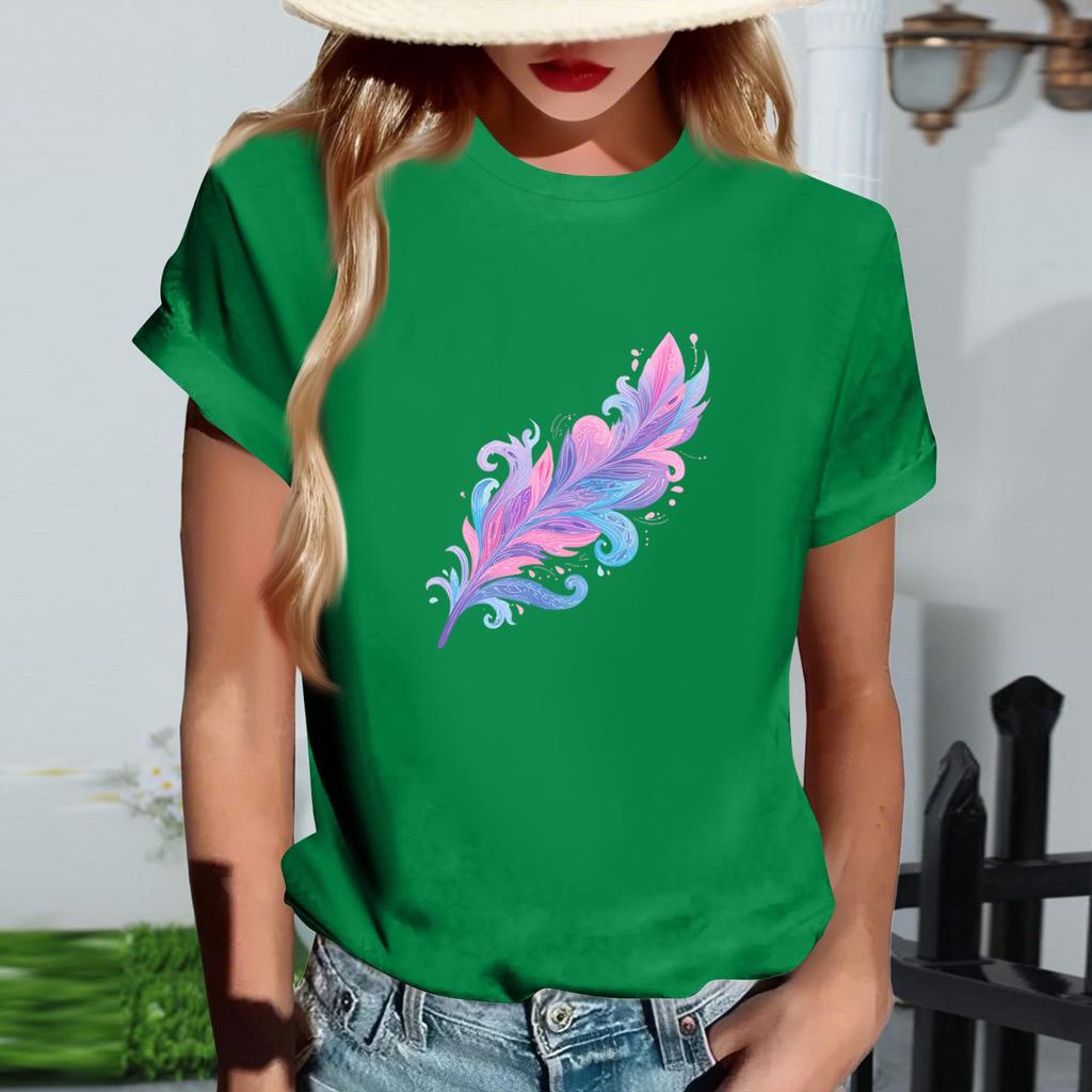 Women's Fashionable Round Neck Casual Retro Print Short Sleeved T-shirt Top