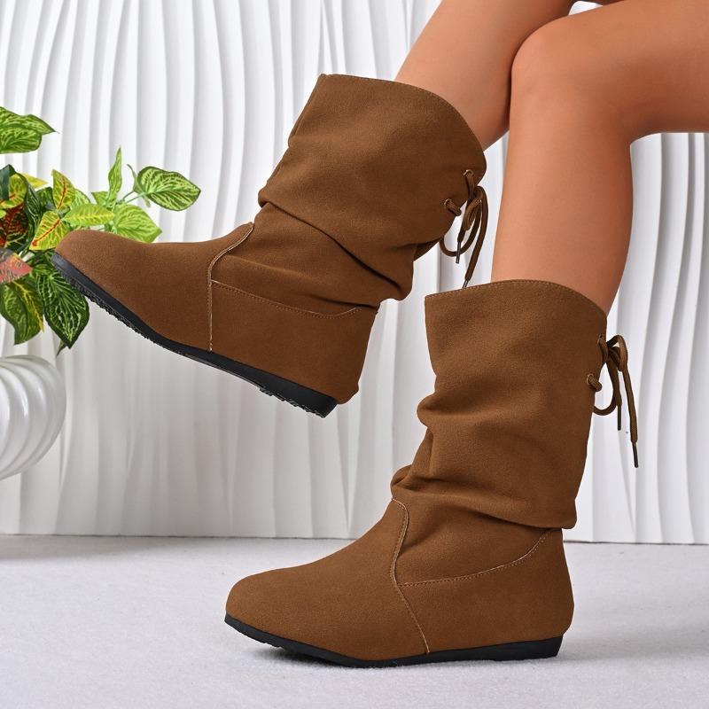 Automne/Hiver Nouvelle Mode Rétro Polyvalent Talon Haut Daim Western Skinny Plissé Plus Polaire Bottines