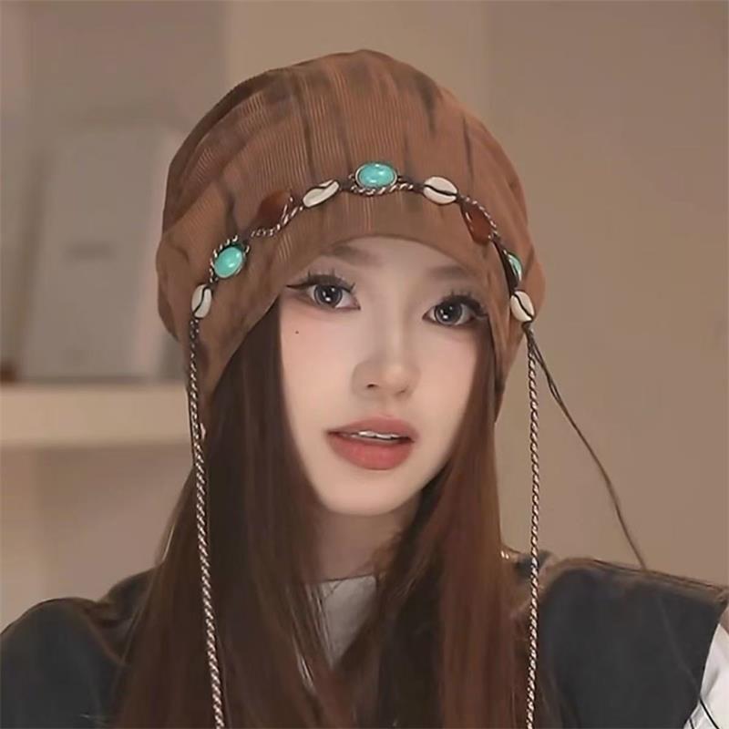 Women's Ethnic Tie-Dye Tassel Beanie with Beaded Butterfly Decor
