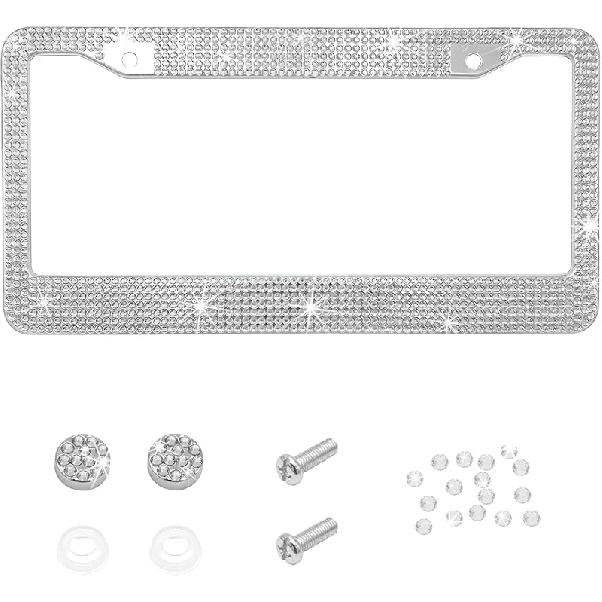 Bling Car License Plate Frame, 2 Holes Stainless Steel Sparkly Auto Tag Cover with Screws Caps, Bedazzled Rhinestone Licence Plate Holder Vehicle