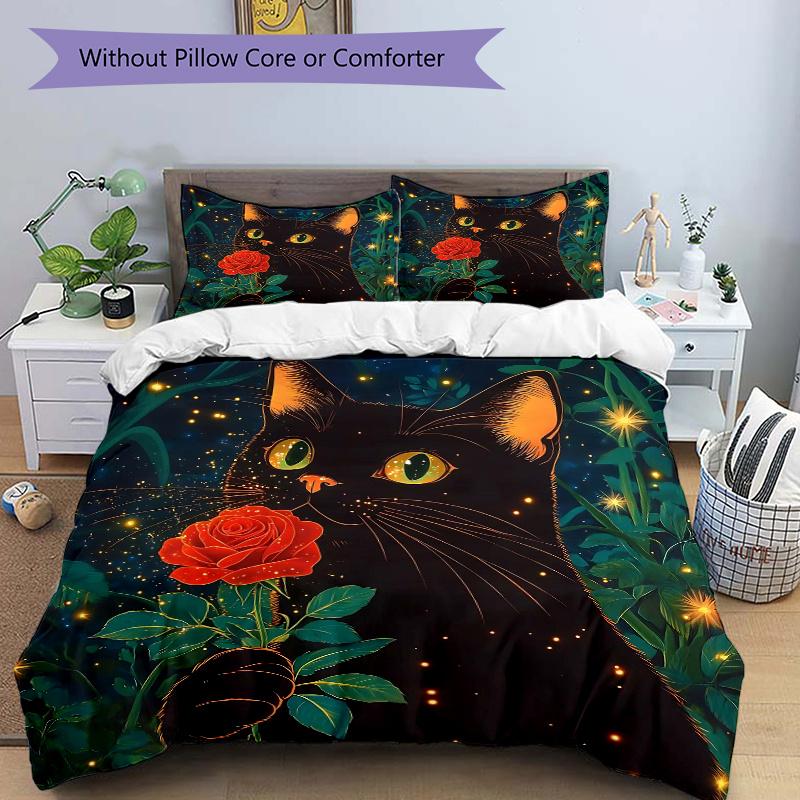3pcs Rose and Attractive Black Cat Print Bedding Set (1 Cover + 2 Pillowcases, Without Inserts), This Printed Bedding Set is Soft and Comfor