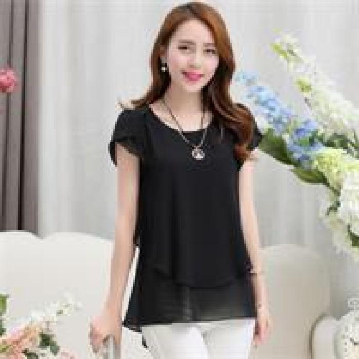 

Женская одежда больших размеров для полных ММ средней длины свободная и стройнящая шифоновая рубашка с коротким рукавом, модная и универсальная M чёрный