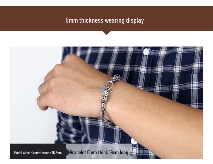 Men's Retro Thai Dragon Bracelet - Distressed Silver, Dragon Head & Bone Chain, Hip-Hop Style