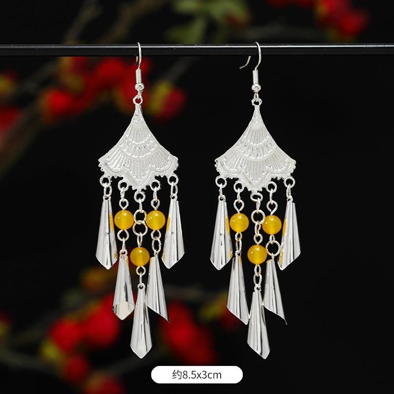 Miao Yin earrings original niche retro Dongling jade earrings long fringed earrings women