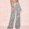 Damskie Modne Spodnie z Wysokim Stanem Szerokimi Nogawkami Błyszczące Luźne Proste Spodnie Wygodne do Codziennego Noszenia Jednokolorowe Temperament Wiosna Jesień