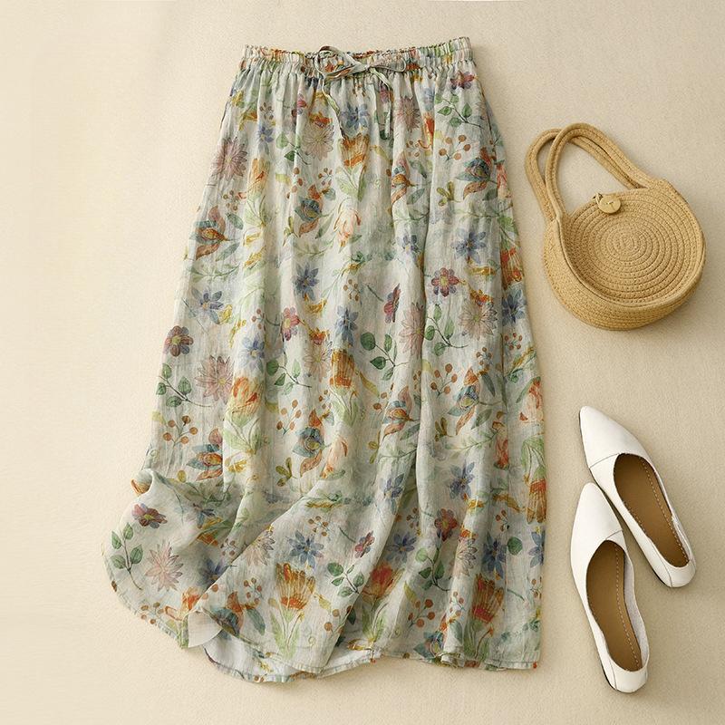 

Двухслойная юбка с цветочным принтом Женская литературная и артистичная тонкая летняя юбка с темпераментом из хлопка и льна на подкладке One Size