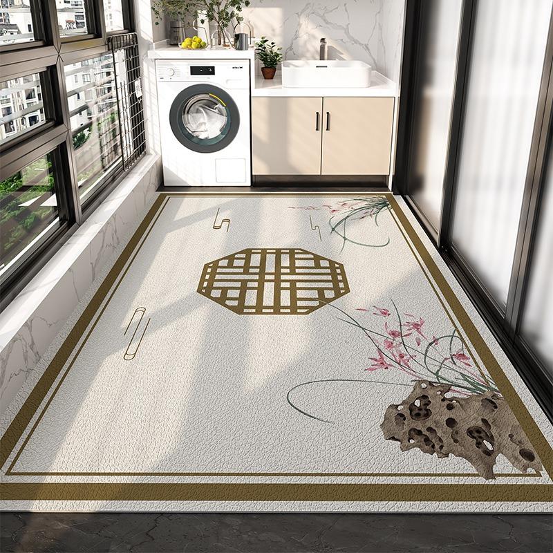Balcony Waterproof Floor Mat Large Gray Carpet Pvc Leather Non-slip Rug New Chinese Style Retro Home Decoration Rugs for Kitchen