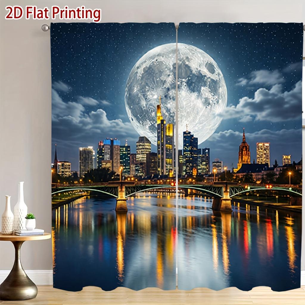 Abstract Full Moon Night Sky City Skyline Curtains Window Tapestry Decor Luxury Blue Polyester Curtain