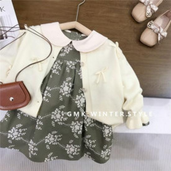 Kids' Korean Mohair Bubble Sleeve Knitted Cardigan & Floral Stand Collar Dress