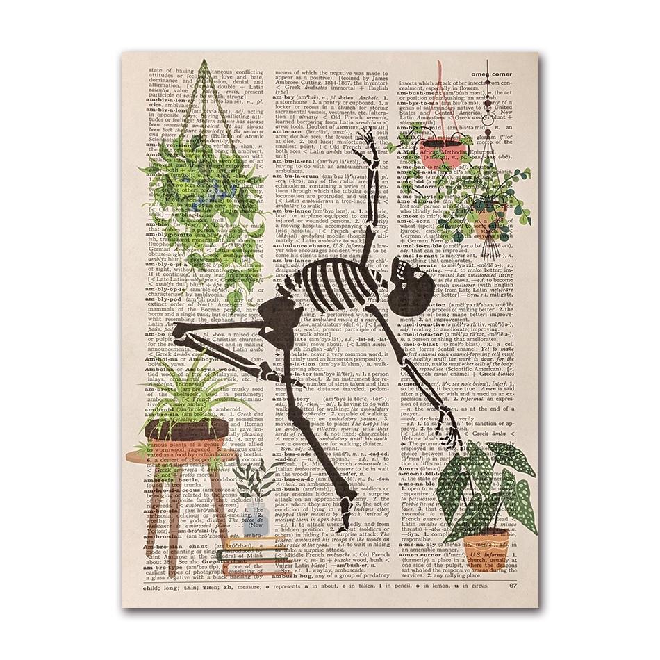 Dancing Skeleton Poster Abstract Vintage Human Skeleton Newspaper Canvas Painting Funny Wall Art for Living Room Home Decor