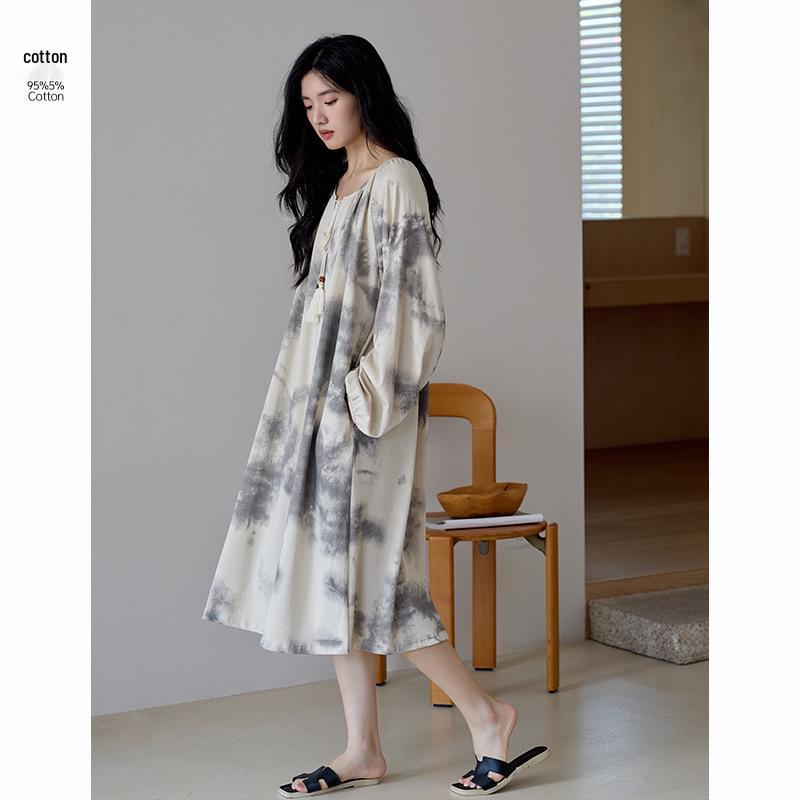 Women's Antibacterial Rayon Cotton Nightgown - Autumn Wabi-sabi Style, Pure Cotton, Long Sleeve, Mid-length Homewear Pajamas