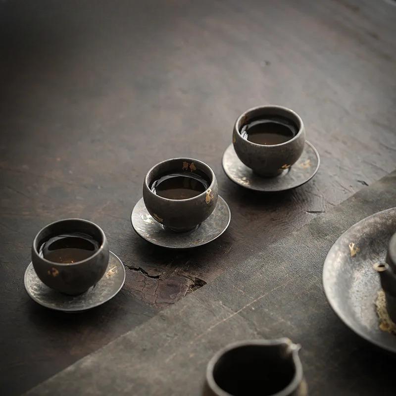 Handmade Sprinkle Gold Coarse Teacup Retro Rust Glazed Master Cup Cup Saucer Set Tasting Tea Bowl with Cushion Kung Fu Teaset