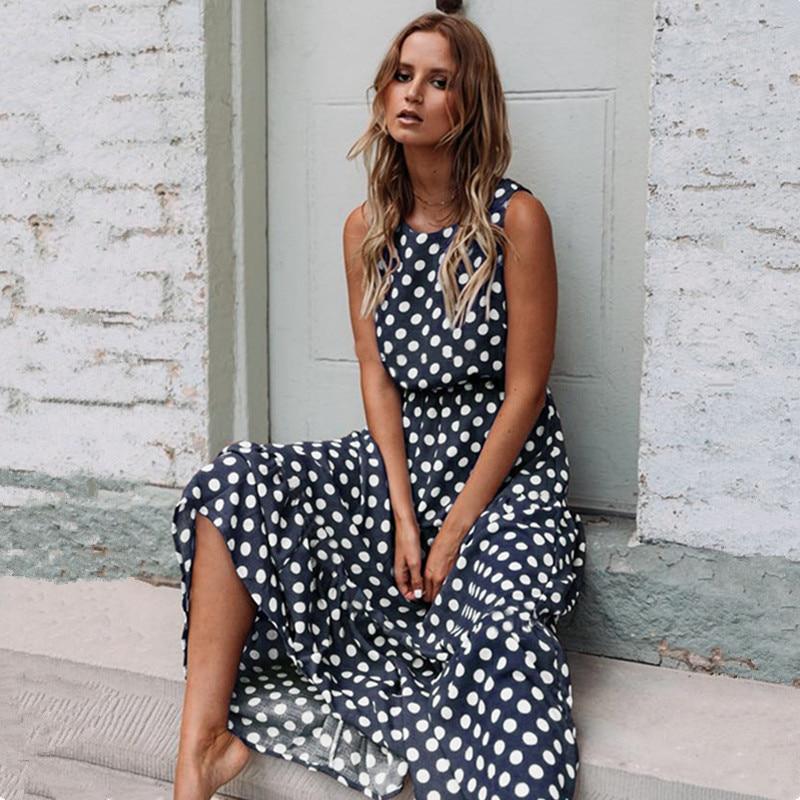 Summer Sexy O Neck Sleeveless Boho Polka Dot Print Maxi Dress New  Casual  Ladies Party Long Dress