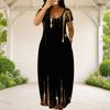Women Plus Size Round Neck Short Sleeve Printed Green Black Loose Maxi Dress With Side Pockets