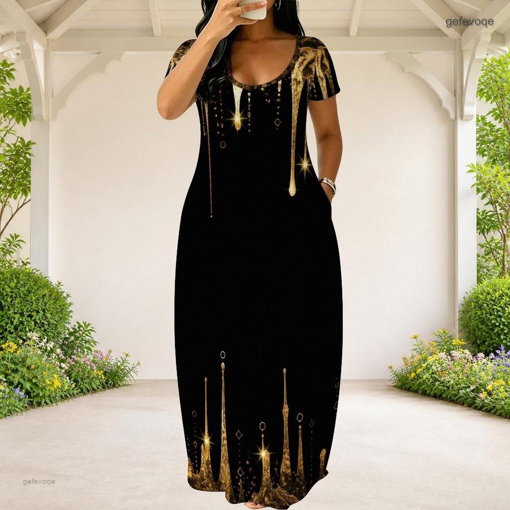 Women Plus Size Round Neck Short Sleeve Printed Green Black Loose Maxi Dress With Side Pockets