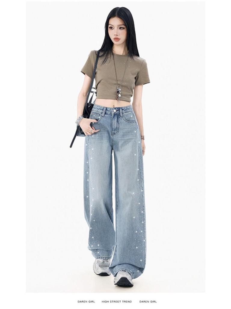 2026 Women's Rhinestone Wide-Leg Jeans: Loose, Slimming, High-End Floor-Length with Concealing Design for Spring/Autumn