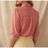 Striped Puffed Three Quarter Sleeve Lapel Commuter Shirt For Women