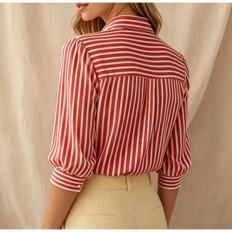 Striped Puffed Three Quarter Sleeve Lapel Commuter Shirt For Women