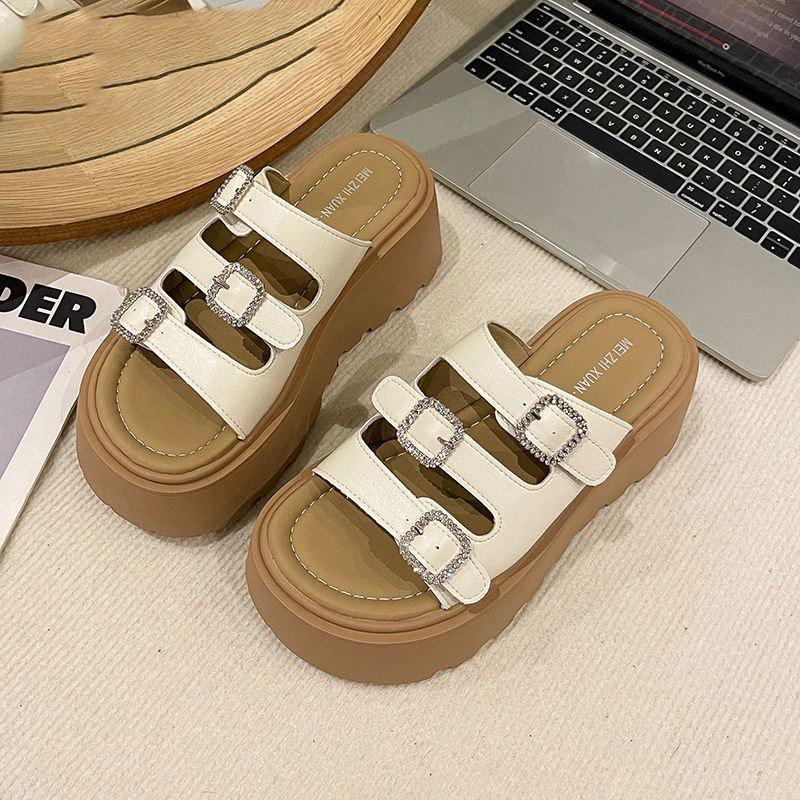 Small Thick Bottom Heightening Cool Slippers Women Wear 2025 Summer New Internet Celebrity Rhinestone Muffin High Heel One-word Drag