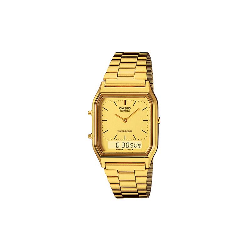 

Casio YOUTH series-square plate dual display STANDARD classic retro waterproof small square quartz movement stainless steel strap Japanese AQ-230GA-9D золотой