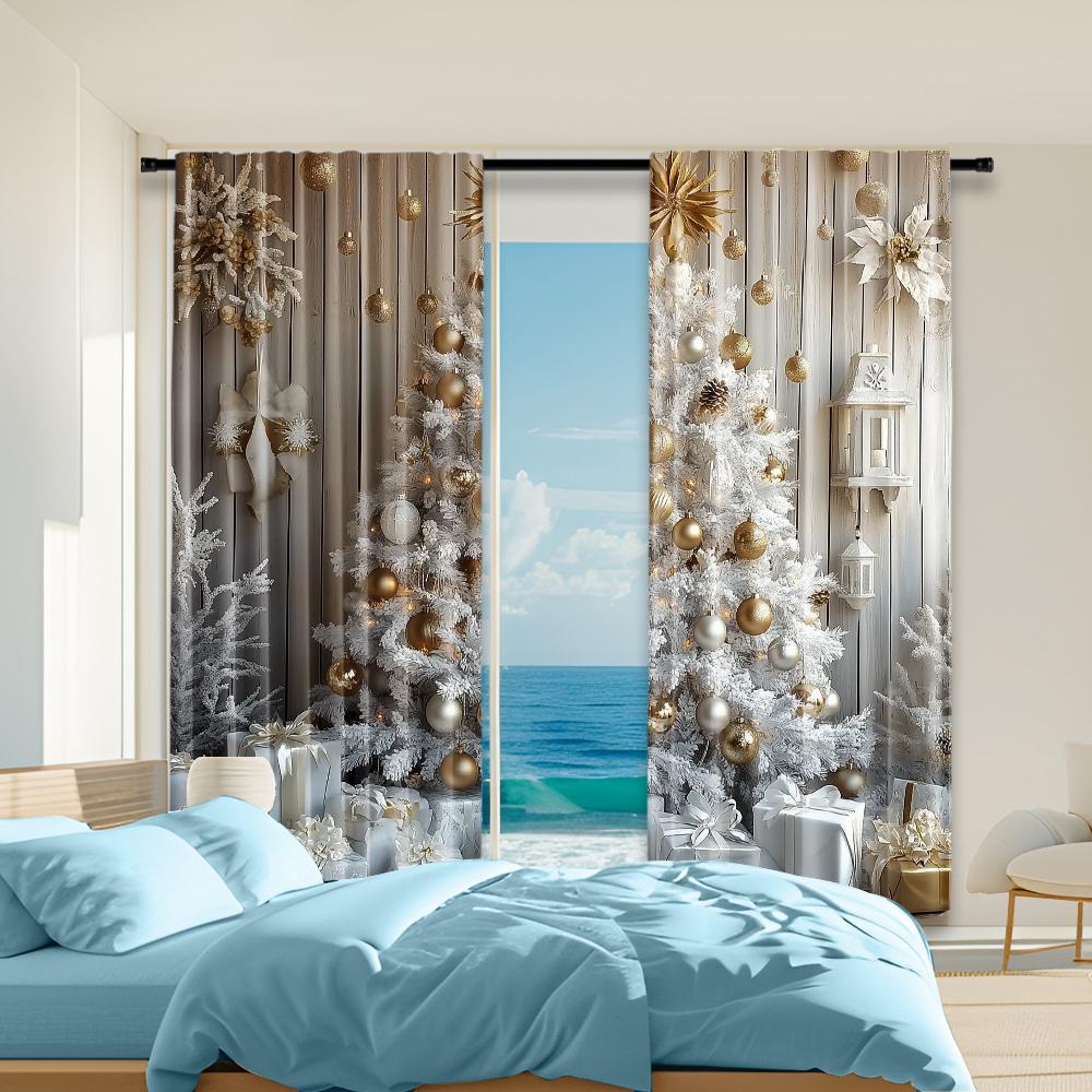 

2 шт. Классические шторы с принтом рождественской елки и снежинки, полиэстер, с отверстиями для карниза, моющиеся, драпировки для различных комнат, элегантные 29x65in(75x166cm)