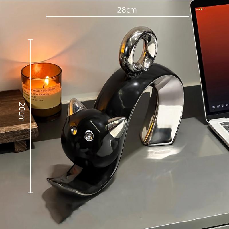 Keramik Handwerkskunst Simulation Tier Skulptur Cartoon Katze Kätzchen Silber Niedliche Katzenfiguren Heimdeko Zubehör