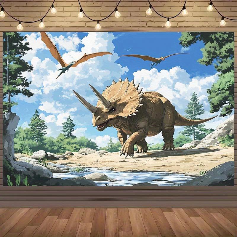 A Three Headed Dragon and Pterodactyl Forest Scene Background - Ancient Theme Polyester Party Decoration 180X110