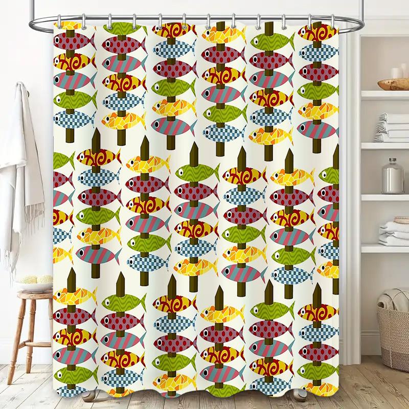 Fish Pattern Shower Curtain Coastal Ocean Sea Life Waterproof Decor Bathroom Set Vintage Nautical Themed Shower Liner