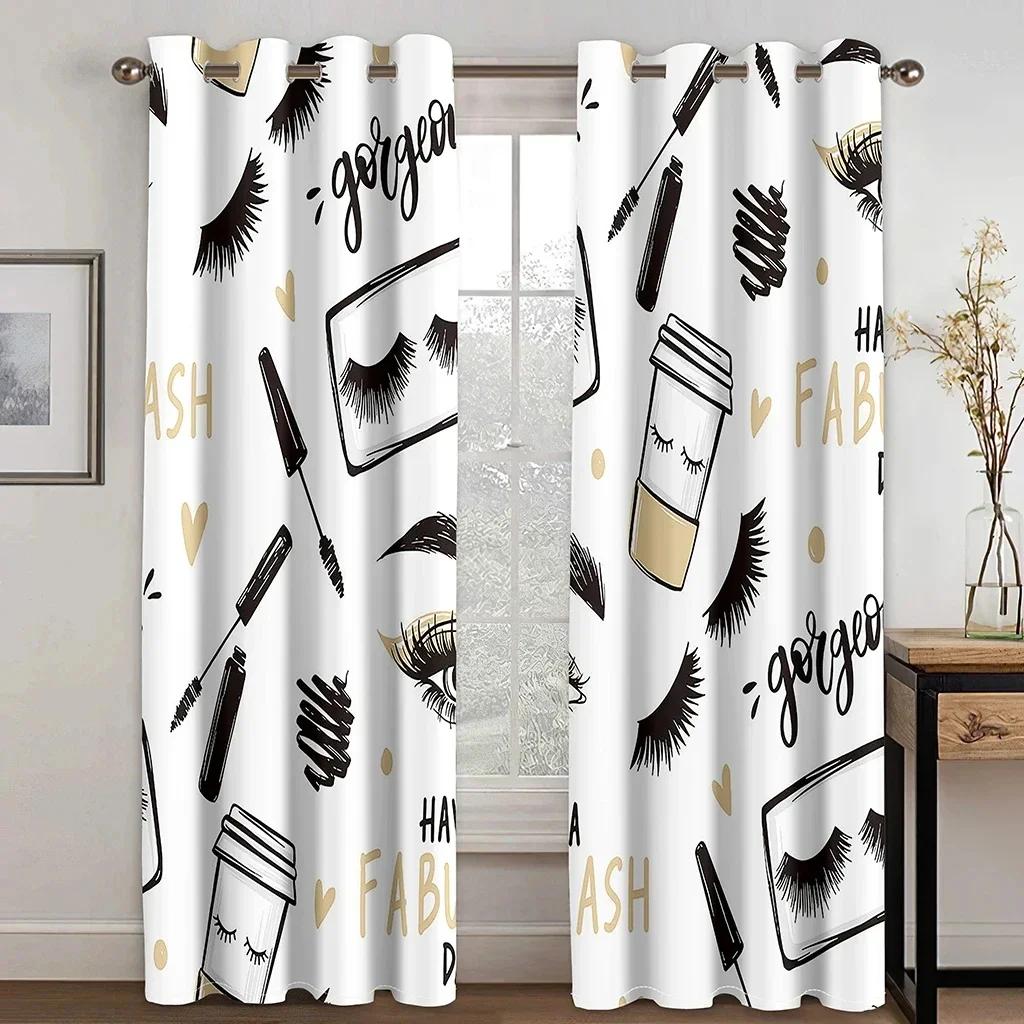 3D 2pcs Curtains For Beauty Salons Simple Red Lips Makeup Brush Grommet Top Fabric Curtains Decor For Living Room Office Home D