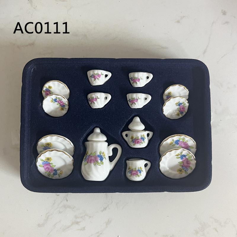 15Pcs/Set Vintage Miniature White Porcelain Tea Set Pot Cup Plate Tableware Dollhouse House Model Room Items Furniture Decor