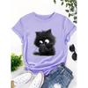 Cat Cartoon 3D Print Round Neck Short Sleeved T-shirt for Women Breathable Polyester Stretch Comfortable for Everyday