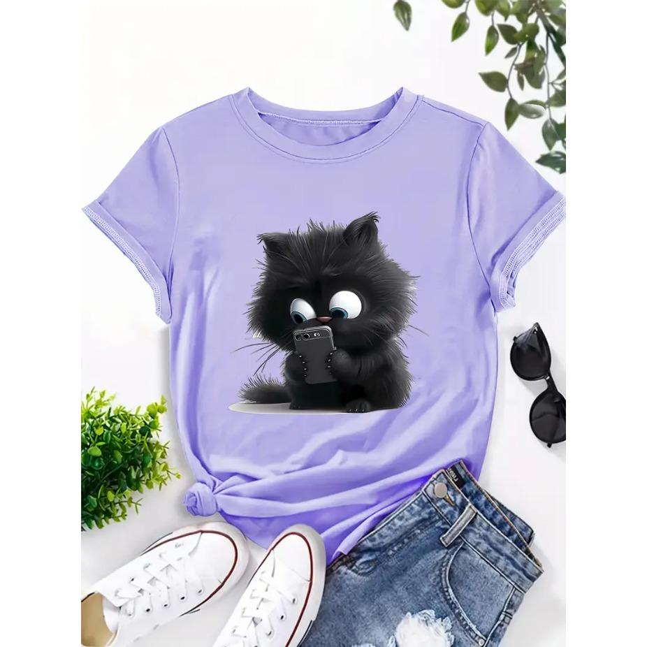 Cat Cartoon 3D Print Round Neck Short Sleeved T-shirt for Women Breathable Polyester Stretch Comfortable for Everyday