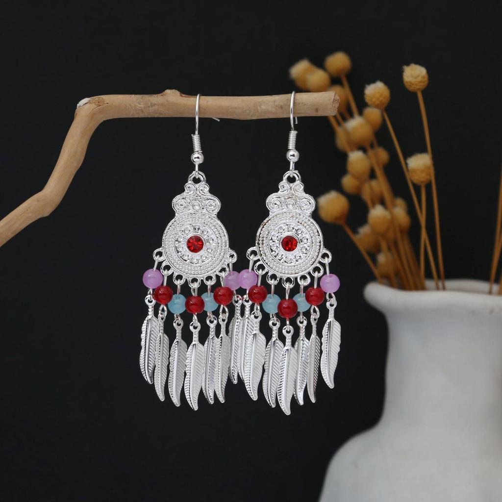Personalized Bohemian Miao Silver Geometric Tassel Earrings