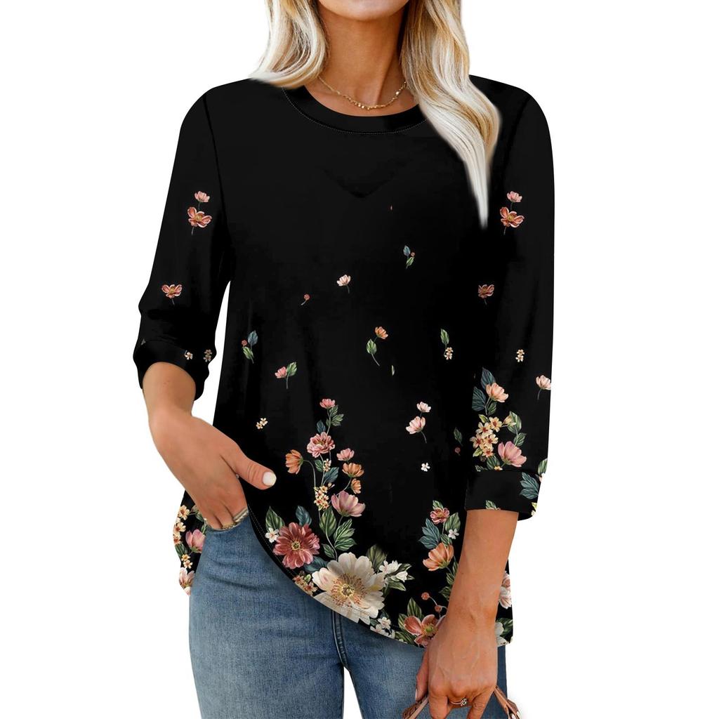 Women's Fashion Casual Round Neck 3/4 Sleeve Loose  Printed T-Shirt Ladies Top