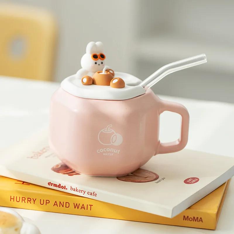 

Cute Rabbit Ceramic Mug With Cap Advanced Straw Cup Coffee Mugs Free Shipping Personalized Gifts Thermo Coffee Cup to Carry Cups 380ml