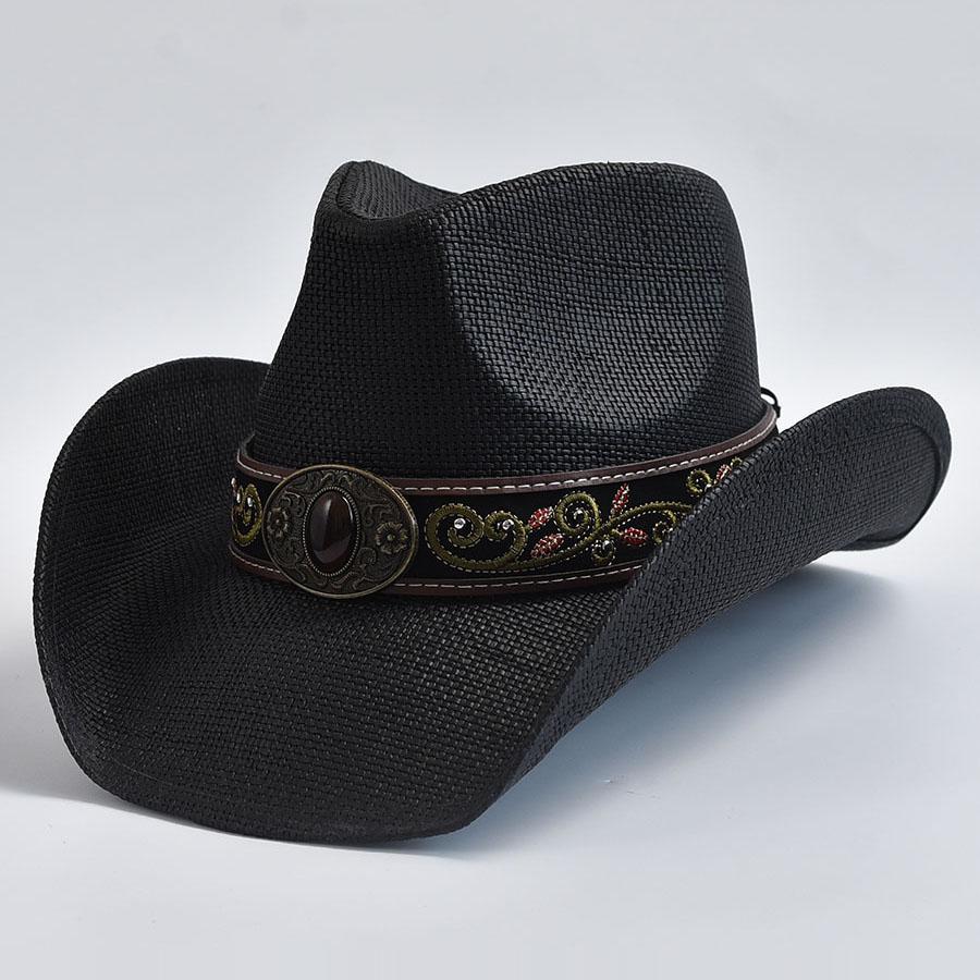 

Vintage Curled Edge Cowgirl Jazz Hat Western Style Straw Hats for Men Women Summer Beach Sun Hat Sombrero Hombre One Size