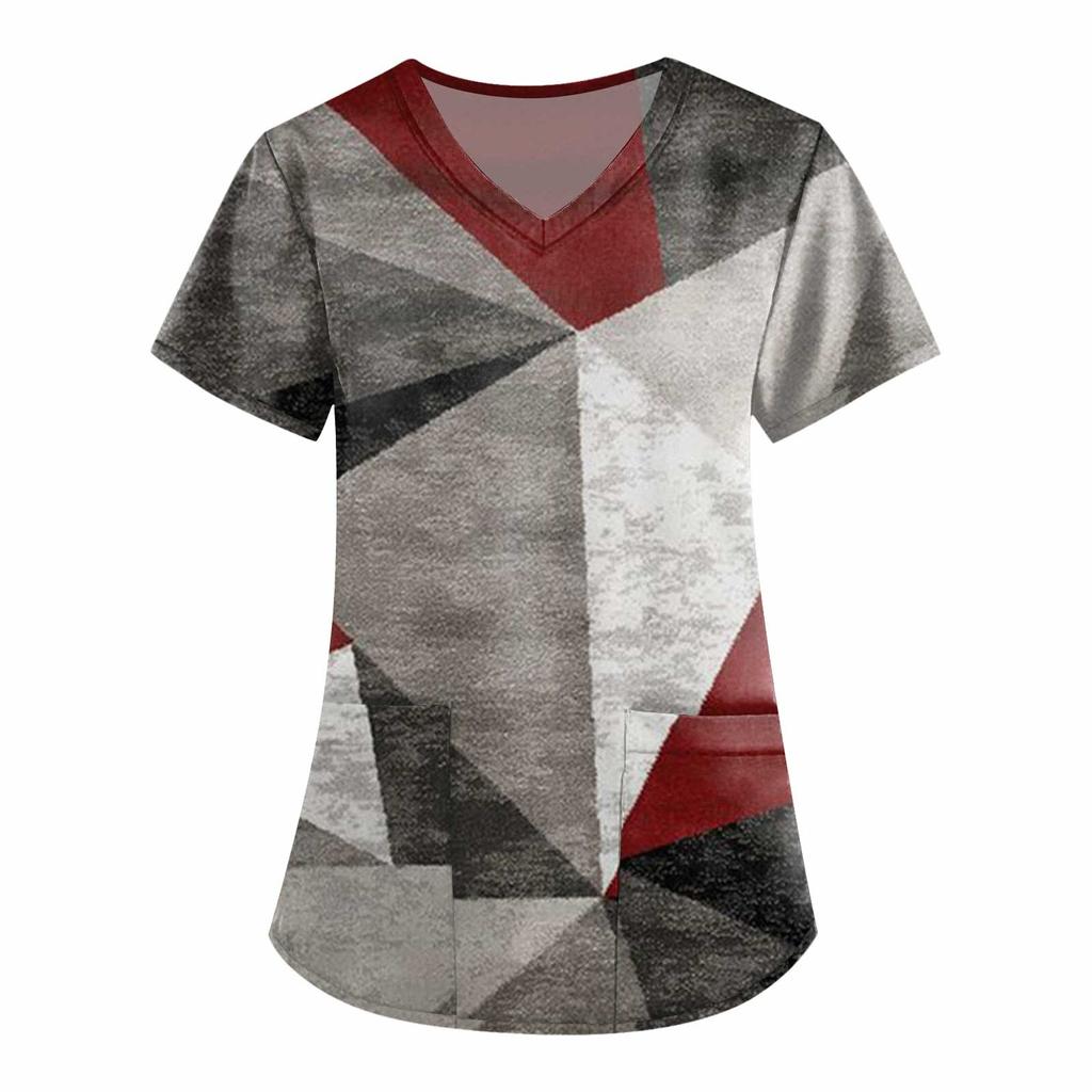 Damesmode werkkleding met V-hals, korte mouwen en bedrukte zakken