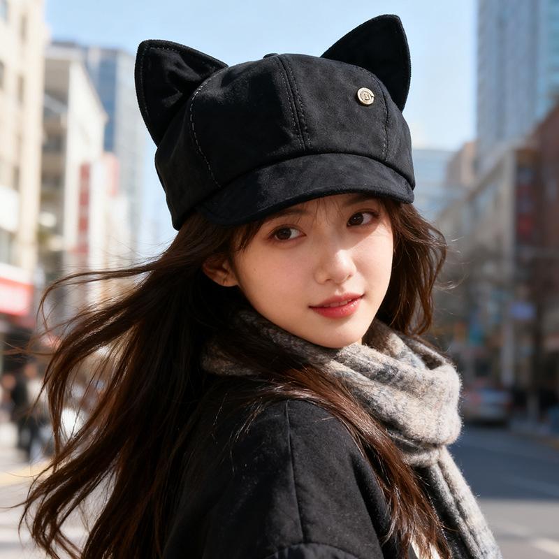 Korean Retro Suede Cat Ear Hat for Women Sweet and Cute Beret Autumn and Winter Face Showing Little Painter Octagonal Hat