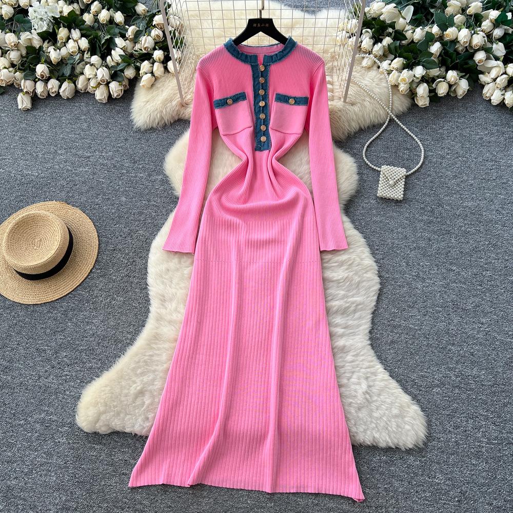 French Foreign Style Fashionable Small Fragrant Style Contrasting Colors Metal Buckle Round Neck Long Sleeve Waist Knitted Dress Women's Sweater Dress