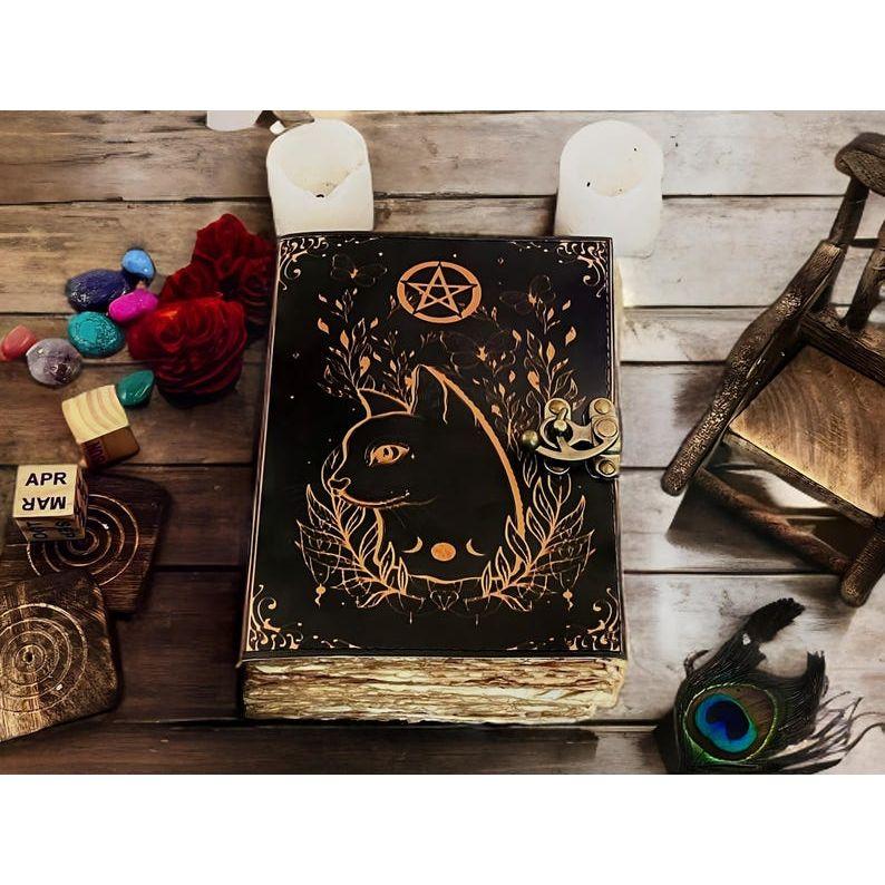 400 Pages Grimoire leather journal Print celtic cat journal Blank of spell Journal for Gifts book of shadows Gifts for women