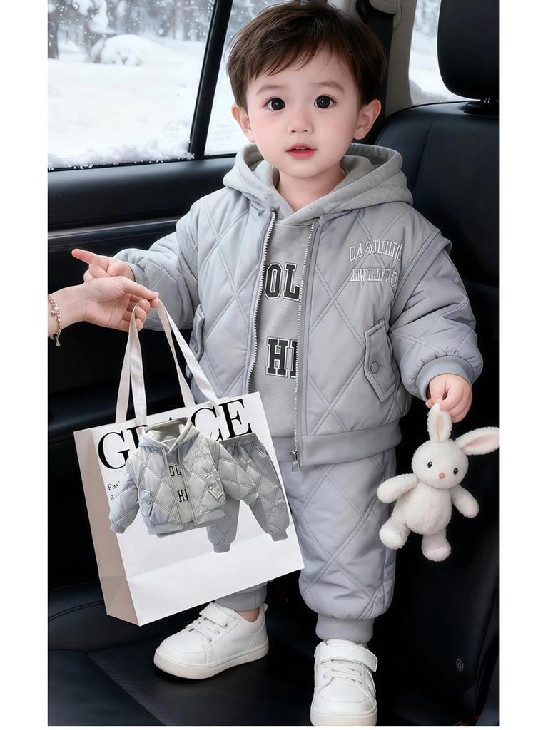Children's Fleece-Lined Hoodie Set: Padded Vest, Cotton Pants, Baby Outerwear for Autumn & Winter