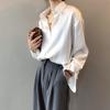 Women Fashion Long Sleeves Satin Blouse Vintage Button Down Lapel Neck Street Shirts Elegant OL Silk Tops